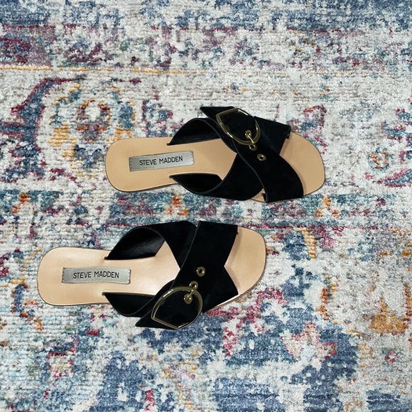 Black suede with gold bucket strap sandals - Picture 7 of 7